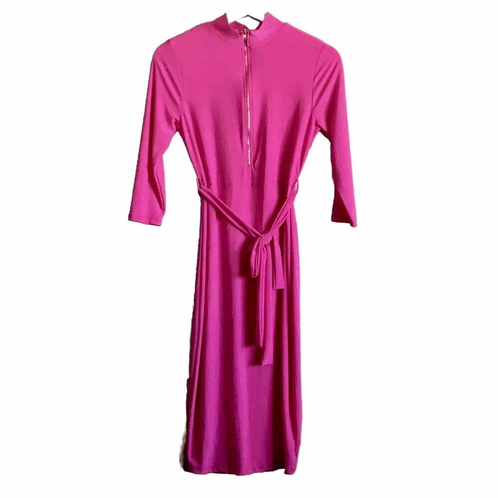 Hot Pink Jersey Zipup Mock Neck Belted Midi Dress‎ Size Small